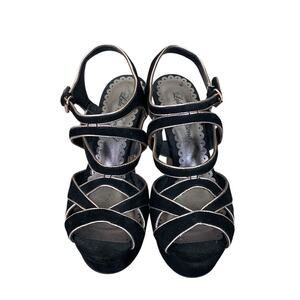 Lulu Townsend High Heeled Faux Suede Strappy Platform Sandals Black Gold 6 M